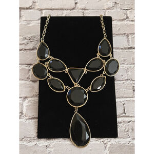 Black Faceted Gem Statement Necklace, Gold Toned, Unsigned, EUC